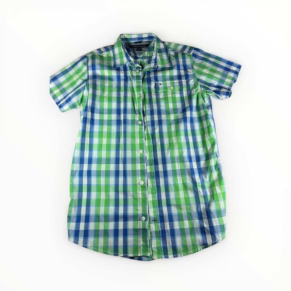Tommy Hilfiger Boys Green & Blue Plaid Short-Sleeve Shirt - Picture 2 of 6